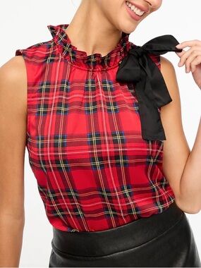J. Crew Red Plaid Ruffle-Neck Sleeveless Camisole with Black Bow
